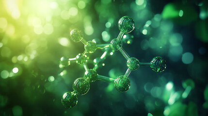 Tea molecule structure, glowing atoms and herbal compounds, abstract chemistry of natural healing, vibrant green tones, calming and organic energy flow