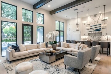 Spacious modern living room with cozy seating and chic decor