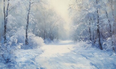 Naklejka premium Oil painting depicting a snowy forest showcasing a tranquil natural landscape and serene winter scenery