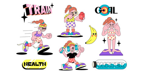 Retro cartoon characters and elements of fitness training concept. Vector flat illusyration in style with active workout woman in sportswear. Good habits, healthy lifestyle