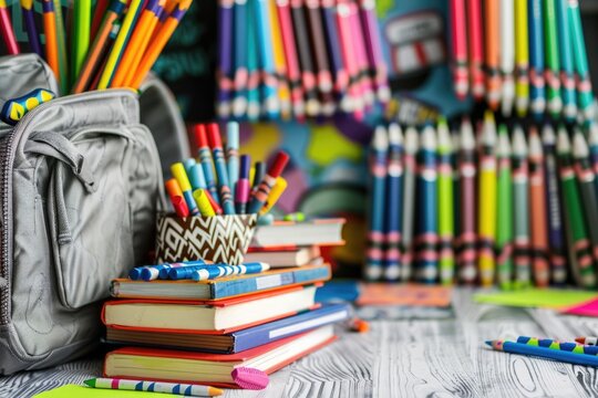 Education theme with books, crayons, and a backpack, back to school concept with copy space