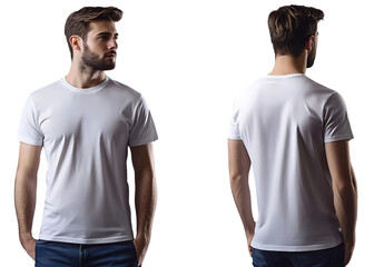 A male model in a white blank t-shirt, showing both front and back views in a split-screen format, perfect for apparel design presentations
