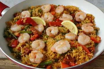 Traditional Paella with Chorizo and Shrimp