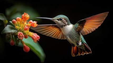 Fototapeta premium vibrant hummingbird midflight against deep black background wings a blur of iridescent colors captured in ultrahighspeed photography