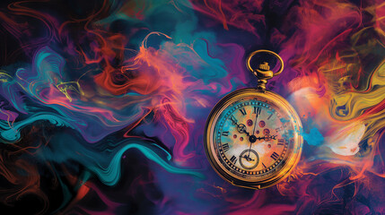 Abstract psychedelic illustration of a pocket watch, melting clocks and vibrant colors, psychedelic patterns swirling around it in the style of vector art
