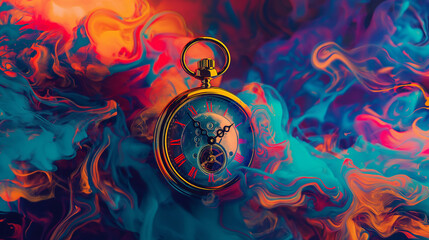Abstract psychedelic illustration of a pocket watch, melting clocks and vibrant colors, psychedelic patterns swirling around it in the style of vector art, high contrast colors, digital art