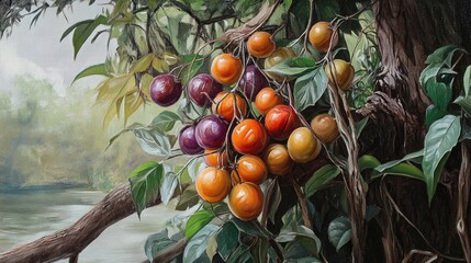 Oil painting depicting Solanum torvum on a tree showcasing this unique plant species