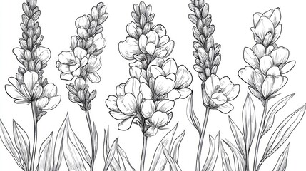 Lavender Line Drawing Black and white Floral Bouquets Flower Coloring Page Floral Line Art Fine Line Lavender illustration Hand Drawn flowers Botanical Coloring Wedding flowers