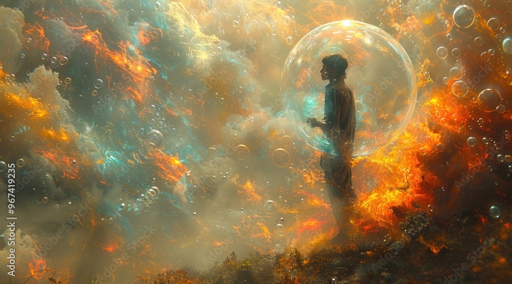Poster man in a bubble surrounded by fire and clouds.