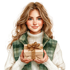 A joyful woman in a warm scarf holding a beautifully wrapped gift, embodying the spirit of celebration and cozy winter moments.