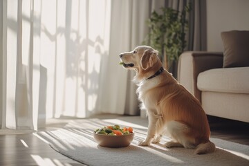 Golden retriever enjoying healthy vegetables in sunlit living room