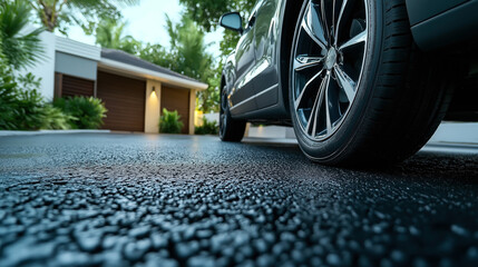 Close-up view of the wheel of a modern car parked on a freshly paved driveway with a contemporary residential building and lush greenery in the background.