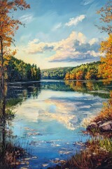 Fototapeta premium Stunning oil painting of a serene lake landscape capturing the beauty of nature s reflections and vibrant colors