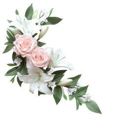 A decorative arrangement of pink roses and white lilies with green leaves.