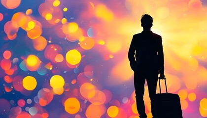 Wanderlust silhouette with luggage against a vibrant, bokeh-lit sunset, igniting dreams of adventure and travel.