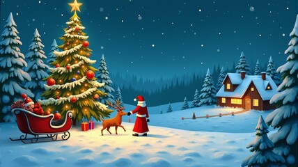 Obraz premium Festive Christmas illustration with Santa Claus and reindeer by a decorated Christmas tree, snowy cabin night scene.