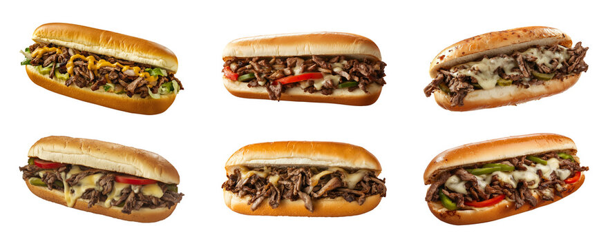 Philly cheesesteak sandwich isolated on a transparent or white background, cut-out, PNG