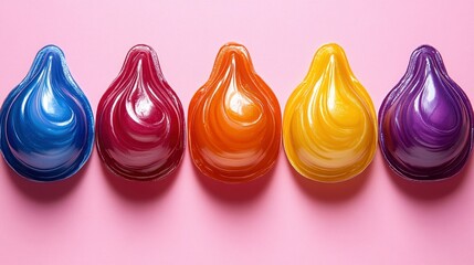 Five Colorful Glossy Droplets on Pink Background