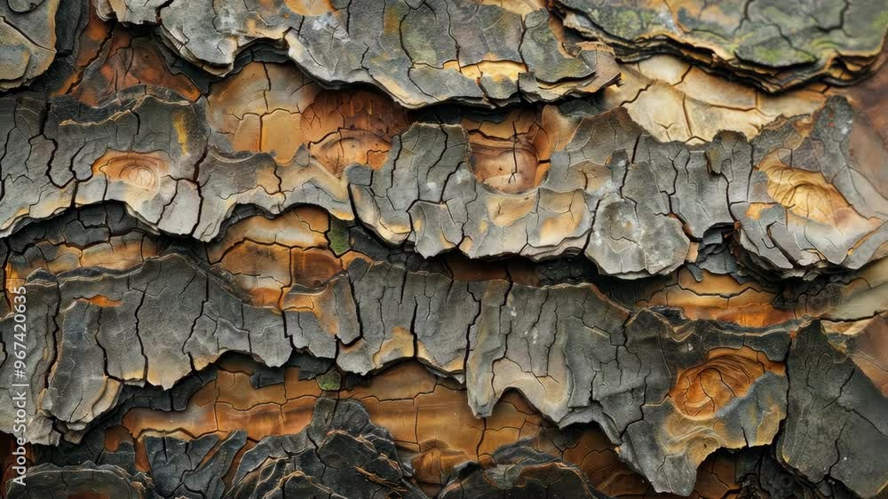 Poster exploring the intricate textures and patterns of tree bark in a lush forest setting