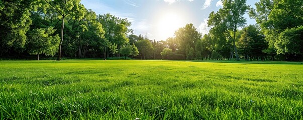 A wide, open green field extends towards the horizon with a bright sun shining in the blue sky, representing peace and natural beauty