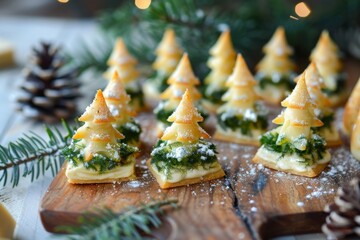 Festive Christmas Tree Bites. Cheese canapes in the shape of Christmas trees