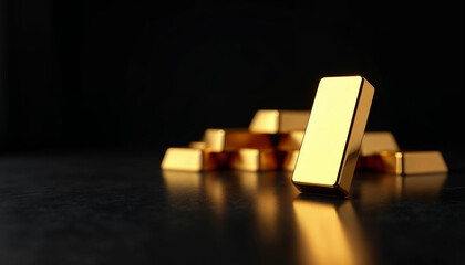 Gold bars arranged on a glossy black surface, one in focus, others blurred. Luxurious and pristine.







