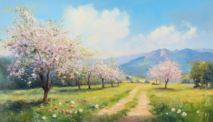 Fototapeta premium Oil painting depicting a countryside scene with blossoming peach trees in a serene rural landscape