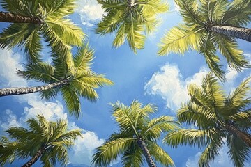 Oil painting depicting a view of a lush canopy of palm trees beneath a bright blue sky