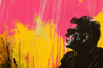 Portrait d'un homme avec des lunettes de soleil, rocker blouson de cuir,  sur fond abstrait rose et jaune 