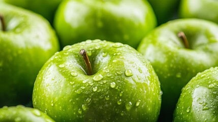 A close-up picture of a group of fresh, green apples. They are shiny and colorful, with smooth skin and some small dents.