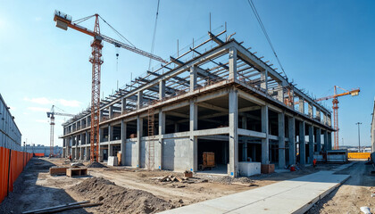 A near-complete factory building with final touches being applied, minimal scaffolding, and scattered construction materials.







