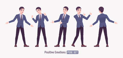 Excited happy handsome Asian guy, young businessman wearing formal set, professional portrait. Confident overjoyed millennial successful company leader, enthusiastic employer. Vector illustration