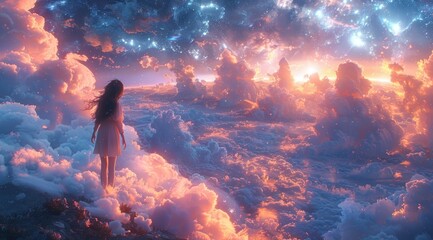 Obraz premium Woman Standing on Clouds with Starry Sky.