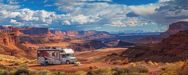 recreational vehicle (RV) parked in a stunning red rock desert landscape, under a vibrant blue sky filled with white, fluffy clouds