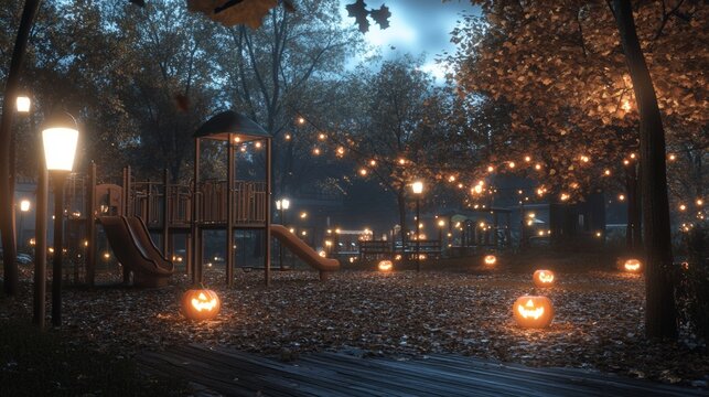 A haunted school playground at night glowing pumpkins scattered around the swings and slides