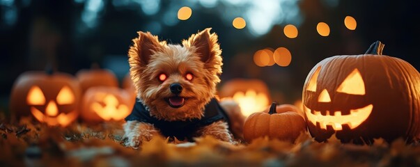 Naklejka premium Small dog in a vampire costume with glowing red eyes, sitting near spooky Halloween accessories like jack-o'-lanterns and haunted house decor