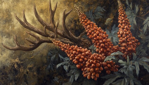 Oil painting depicting a flowering sumac tree with stag antlers showcasing seed clusters and seasonal growth