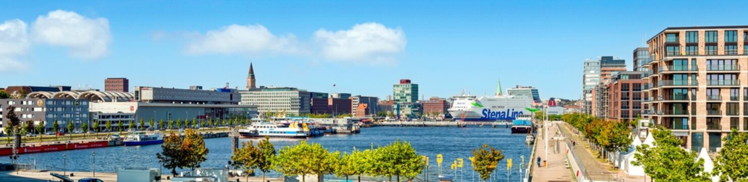 Panorama of Kiel harbour with the Swedish ferry Stena Germanica of the Stena Line - 8589 - Kiel/Germany, September 05, 2024