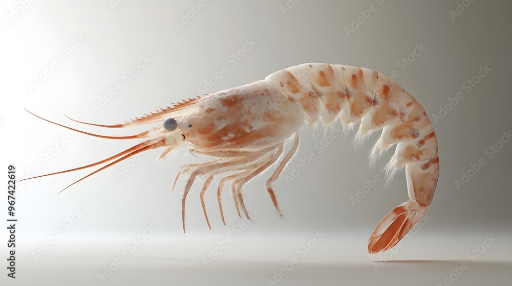 Poster 15. **a 3d render of a falling prawn, with its segmented body and delicate texture visible against a