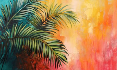Obraz premium Oil painting of vibrant tropical palm leaves against a colorful background featuring ample copy space and lush foliage