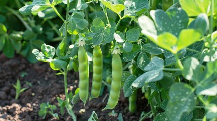 Clusters of fresh green peas growing in the garden