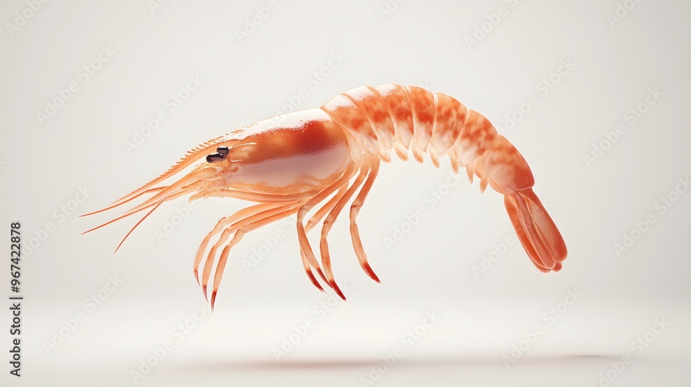 Poster 15. **a 3d render of a falling prawn, with its segmented body and delicate texture visible against a