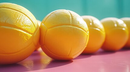 vibrant yellow volleyballs arranged in dynamic composition against contrasting background bold shadows and highlights emphasize spherical forms and textured surfaces