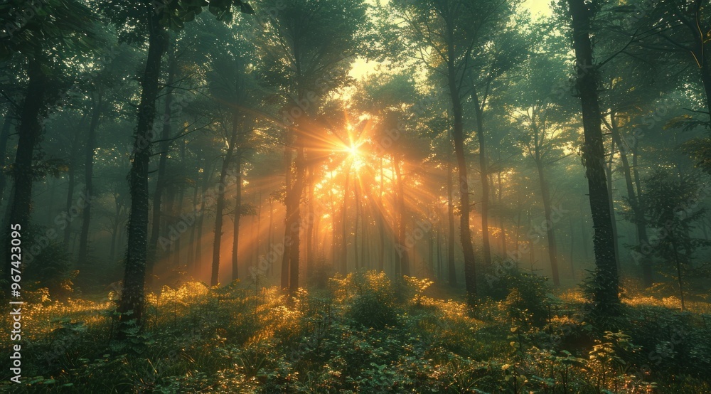 Poster Sun Rays Through Forest Trees.