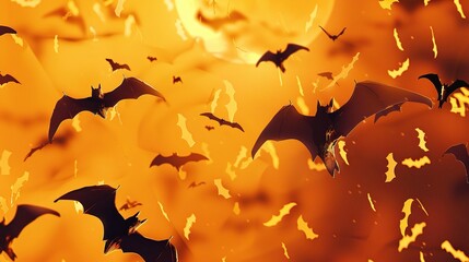 A spooky Halloween Ghost Festival background with bats. The bats are flying around in the dark night sky. There might be a haunted house or a creepy cemetery in the background