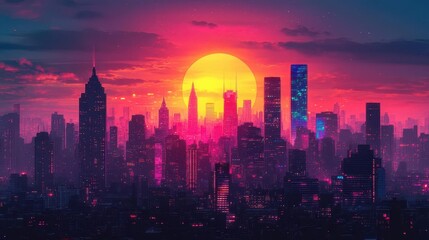 Obraz premium vibrant stylized cityscape at sunset bold geometric shapes form skyscrapers in a palette of neon pinks purples and blues against a golden sky