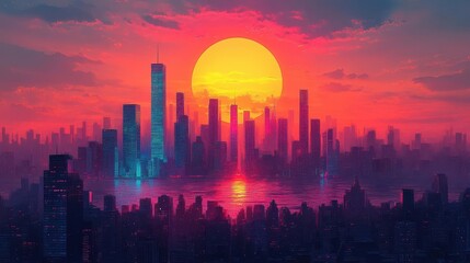 vibrant stylized cityscape at sunset bold geometric shapes form skyscrapers in a palette of neon pinks purples and blues against a golden sky