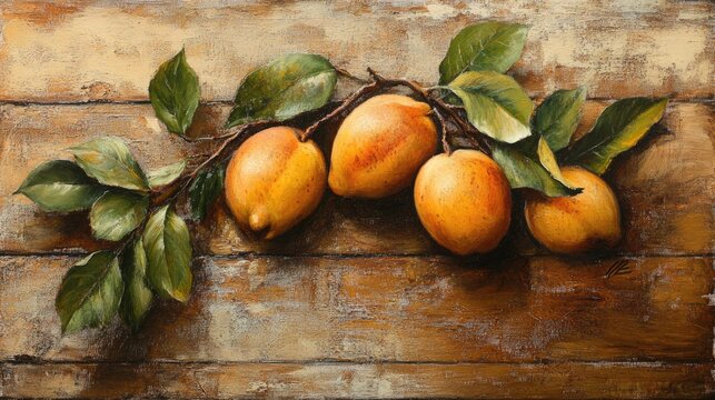 Oil painting of plango fruit accompanied by leaves on a wooden background