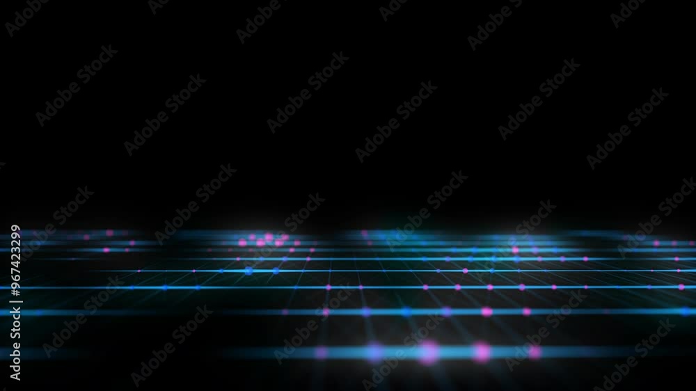 Aufkleber Abstract grid with blue light on black background. Science background with moving dots and lines. Network connection technology. Digital structure with particles. 3d rendering.