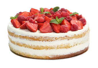 Tasty sponge cake with fresh berries and mint isolated on white